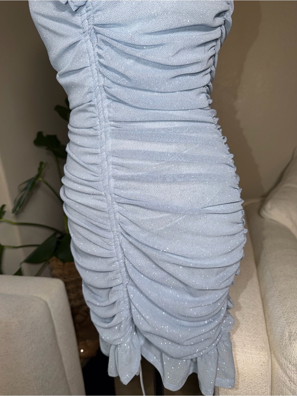Windsor Light Blue Sparkle Ruched Mini Dress - Picture 5 of 9